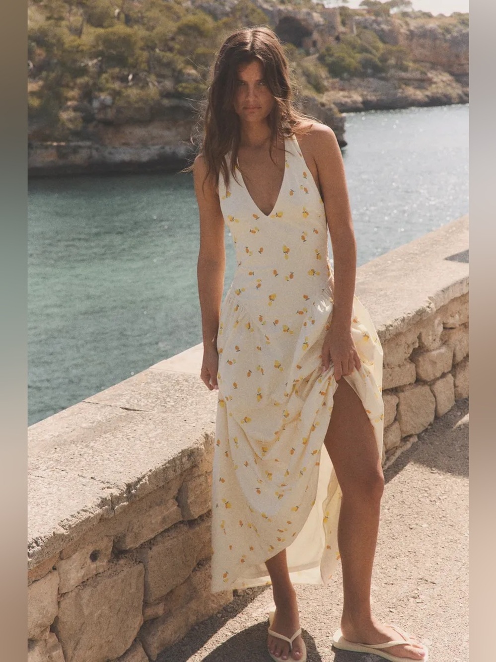 ZARA FRUIT PRINT POPLIN HALTER MIDI DRESS